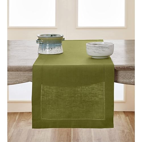Solino Home 100% Pure Linen Dining Table Runner Avocado Woven, 14 x 72 in - for coffee, dresser, home decor, Classic Hemstitch, indoor outdoor, gift, OEKO-TEX Certified - Fall, Thanksgiving, Christmas