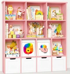 IRONCK Kids Toy Storage Unit Childrens Bookcase Kids Bookshelf 2 Concealed Flip Doors, 4 Drawers with Wheels, 10 Open Shelves, Toy Organiser, for Nursery Playroom, 125.6x31x120cm, Pink