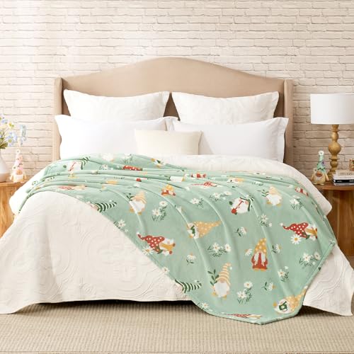 Cozy Bliss Gnome Spring Throw Blanket - Garden Daisy Floral Design, Warm MilkyPlush Throw Blankets, Ultra Soft Cozy Blankets for Couch, Sofa and Bed, Beige, 60X80inches