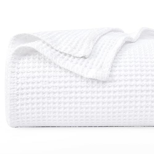 "PHF 100% Cotton Waffle Weave Blanket Twin Size 66""x90""-Lightweight Washed Soft Breathable Blanket for All Season-Perfect Blanket Layer for Couch Bed Sofa -Elegant Home Decoration - White"