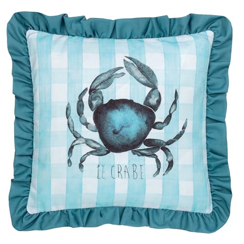 furn. Gingham Crab Cushion Cover – Coastal Check Ruffle Trim Decorative Case (Blue – 43x43cm)