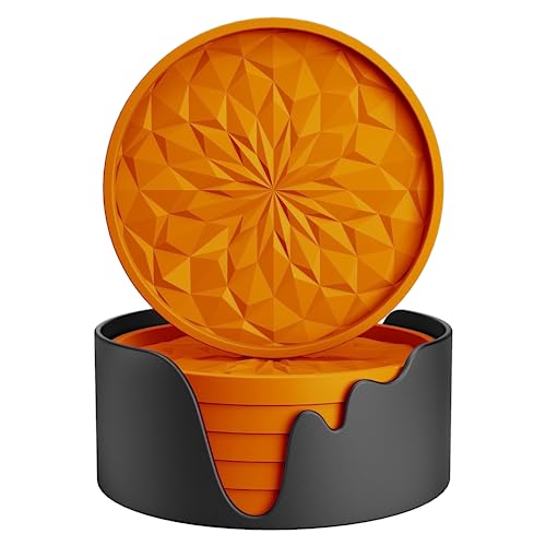 ME.FAN Silicone Coasters with Holder,[6 Pack] Drinking Coasters - Cup Mat for Hot or Cold Drinks, Thickened, Non-Slip, Non-stick,Deep Tray Orange