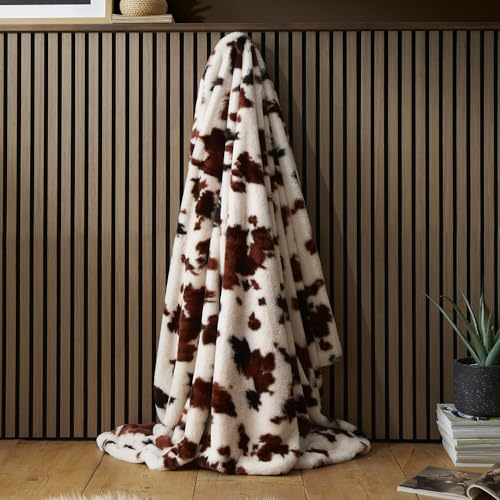 Fusion Cow Print Faux Fur Natural Bedspread Large – Animals Maximalist Bedding – Faux Fur Recycled Polyester – Natural Animals Bedroom Decor