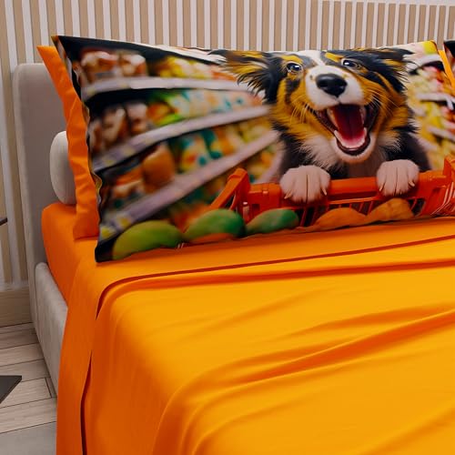 PETTI Artigiani Italiani - Animal Bed Linen with Dogs in Cotton with Pillowcases in Digital Print, Pizza and Half Sheets, Orange Double Bed Set, 100% Made in Italy