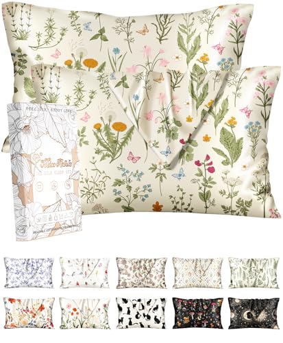 Miss Adola 2 Pack Silk Pillowcases - 20x30 Inch Queen Size Silk Pillow Cases with Hidden Zipper for Women Lady Smooth Soft Breathable Cooling Design Pillowcases for Hair and Skin, Leaf Flower