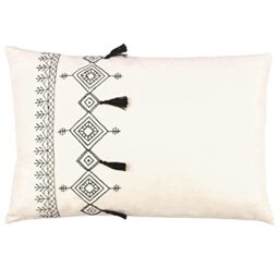 furn. Pritta Polyester Filled Cushion – Bohemian Geometric Embroidered Cotton Tassel Trim Pillow (Natural – 40x60cm)