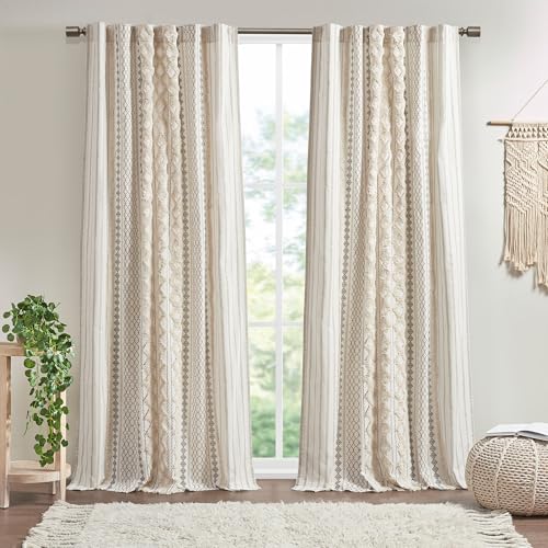 "INK+IVY Imani 100% Cotton SINGLE PANEL Curtain Tufted Chenille Stripe Geometric Print Mid-Century Look Rod Pocket Top Drape for Living Room, Privacy Window Treatment for Bedroom, 50"" x 84"", Ivory"
