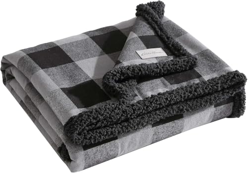 "Eddie Bauer - Reversible Sherpa Flannel Bedding Buffalo Check Throw Blanket Home Decor for All Seasons (Grey/Black, 50"" x 60"")"