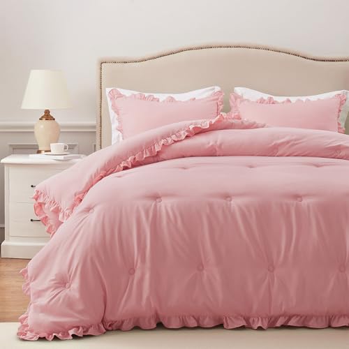 HARBOREST Pink Ruffle Comforter - Fluffy Full Size Comforter Set for All Seasons, 3 Pieces Shabby Chic Bedding Comforter Set(1 Comforter & 2 Pillow Shams)