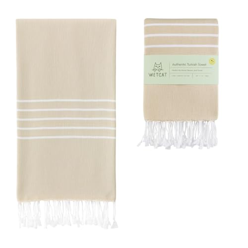 "WETCAT Turkish Beach Towel Oversized (38""x71"") 100% Turkish Cotton, Made in Turkey - Sand Free, Extra Large, Ultra Soft, Quick Drying, Compact & Lightweight for Travel - Sand"