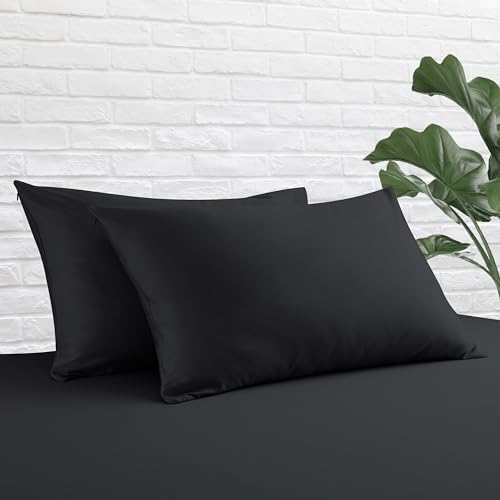 Standard Pillow Protector Set of 2, 100% Egyptian Cotton Pillow Cases with Zipper 400 Thread Count Sateen Weave Cotton Black Pillow Protector Standard Size Pillow Covers for Home/Hotel