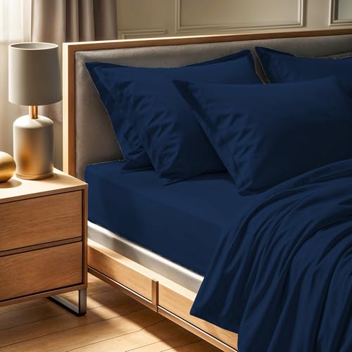 Premium Ranforce Double XL Fitted Sheet (140 x 200 + 30 cm) - 100% Cotton, 145 Thread Count, Dark Blue - Machine Washable at 30°C, Soft & Durable