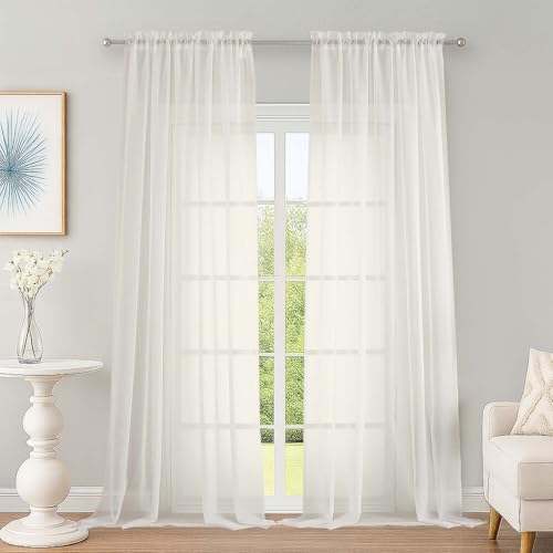 "OWENIE Ivory Sheer Curtains, Sheer Curtains 96 inches Long 2 Panels Set, Rod Pocket Voile Fimly Sheer Drapes for Living Room/Bedroom, 2pcs, Each 59"" W x 96"" L"