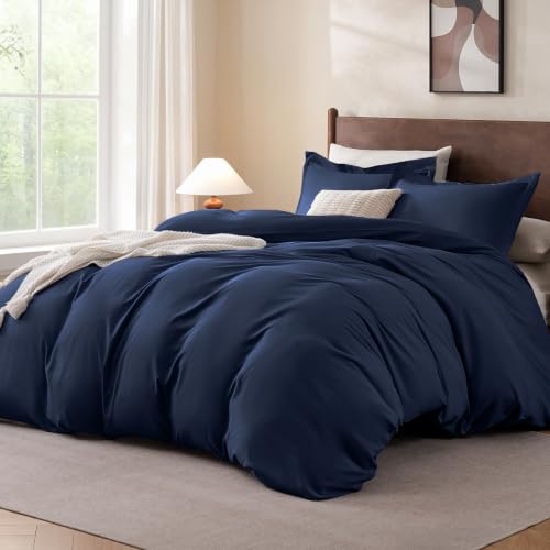 "FreshCulture Navy Duvet Cover Full Size - 3 Pieces Microfiber Bedding Set, Soft Cozy Comforter Cover with Zipper Closure, 80""x90"", 2 Pillow Shams, Comforter Not Included"