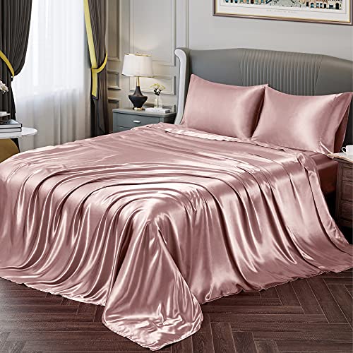 Vonty Queen Size Satin Sheets - Set of 1 Deep Pocket Fitted Sheet, 1 Flat Sheet and 2 Pillowcases in Rose Gold Silky Soft Satin