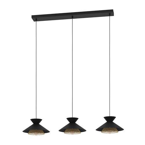 "Eglo Pendant Lighting Grizedale, 3 lamp Ceiling Light Fitting for Dining Room, Hanging lamp in Japandi Design Made of Metal in Black and Brass, E27 Socket, 38"""