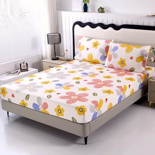 SDIII 3PCS Yellow Floral Queen Sheet Set, 1 Fitted Sheet and 2 Pillowcase, Soft Microfiber Queen Sheet Set Cute Floral for Kids Girls Boys and Teens