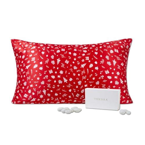 THXSILK Christmas Style 6A+ Grade Mulberry Silk Pillowcase for Hair and Skin, 22 Momme 100% Pure Silk Pillow Case with Hidden Zipper, Christmas Holly Printed Pillow Cover, Red??? Queen