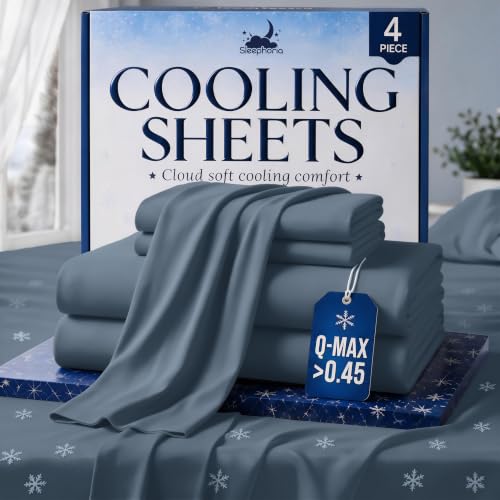 SLEEPHORIA 4 PC Cooling Sheets Queen Size Bed Set - Temperature Regulating Bedding for Hot Sleepers - Deep Pocket Cooling Bed Sheets Queen for Night Sweats and All-Night Cool Comfort (Navy Blue)