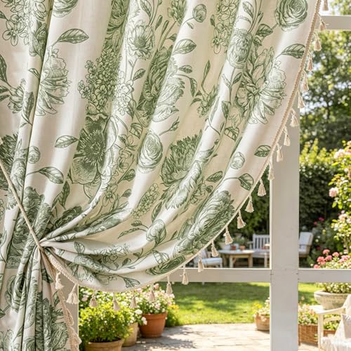 F-CHU Bohemian Curtains for Bedroom 63 Inch Length French Country Floral Drapes Farmhouse Rustic Window Curtain Panels for Bedroom Chic Cotton Linen Blend Toile Curtain???2 Panel Sage Green Curtains