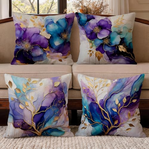 OBSEDE Purple Blue Floral Decorative Throw Pillow Covers 18x18 in Set of 4 - Faux Linen, Single-Sided Art Print, Invisible Zipper, Modern Couch Home Decor, Gift For Friends, Cozy Bed Sofa Cushion Cases