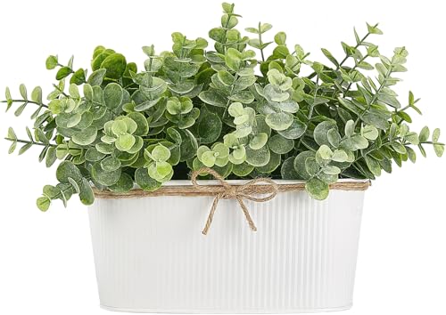 "Dahey Artificial Eucalyptus Faux Plants Indoor for Farmhouse Home Decor Fake Potted Plants in Rustic Rectangular Pots Table Centerpiece for Office Bath Living Room Greenery Decor, 7"" L x 4"" H"