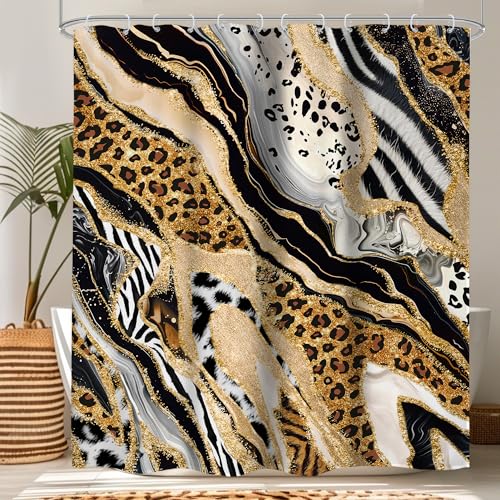 Abstract Zebra Cheetah Print Shower Curtain Set 60x72 Bathroom Decor Marble - Wild Brown Gold Leopard Stripes Funky Safari Skin Pattern Bathroom Curtain Set Waterproof Polyester Fabric with Hooks