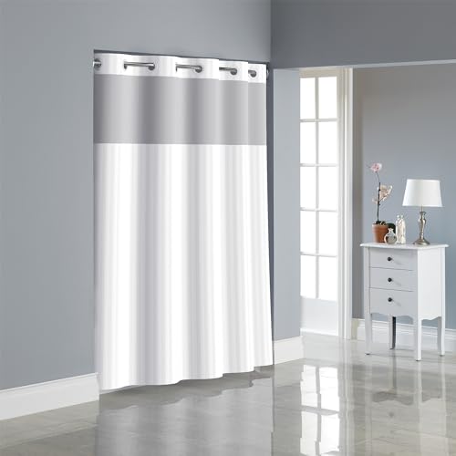 Hookless RBH35MY053 Victorian Stripe Design Polyester with PEVA Snap-in Liner and Flex-On Rings Shower Curtain, Bright White