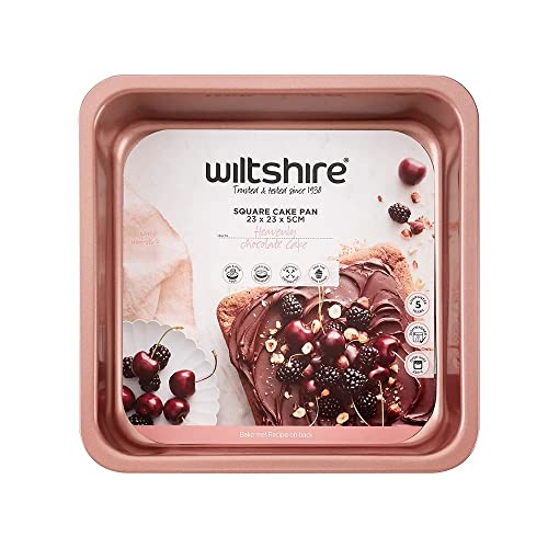 Wiltshire Rose Gold Square Cake Pan, PFOA PTFE Free, Robust Cake Pan - Non-Stick Coating, Coated Baking Pie Tin, Cake Mould, Sheet Steel Bakeware, 25x25x5cm