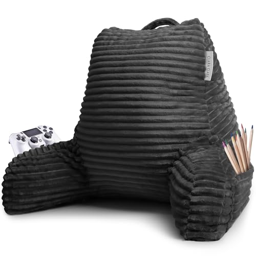 Clara Clark Cut Plush Striped Reading Pillow for Kids & Teens, Back Support Pillow, Shredded Memory Foam Bed Rest Pillow with Arms, Medium, Dark Grey