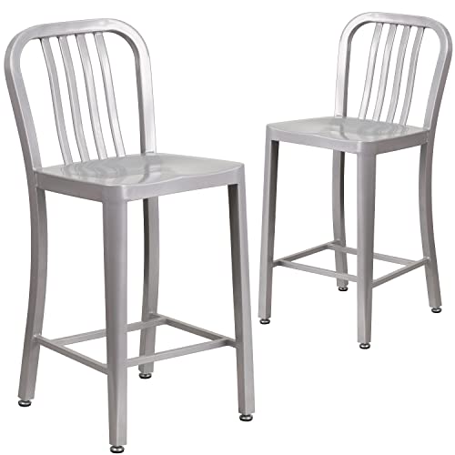 "Flash Furniture Commercial Grade 2 Pack 24"" High Silver Metal Indoor-Outdoor Counter Height Stool with Vertical Slat Back"