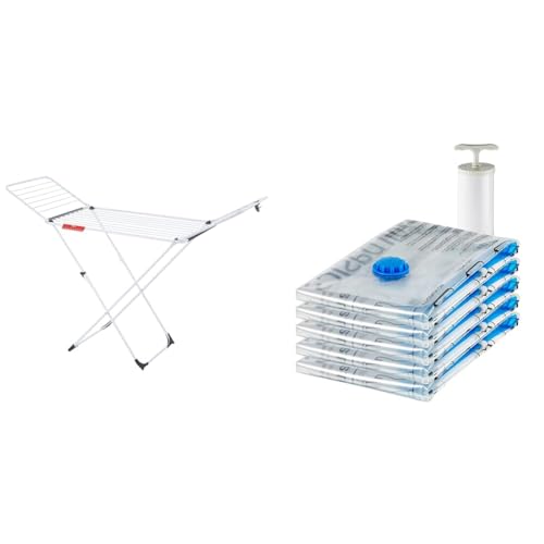 Vileda Extra X-Legs Clothes Airer, Indoor Clothes Drying Rack with 20m Washing Line, White & Amazon Basics Vacuum Compression Zipper Storage Bags with Airtight Valve and Hand Pump