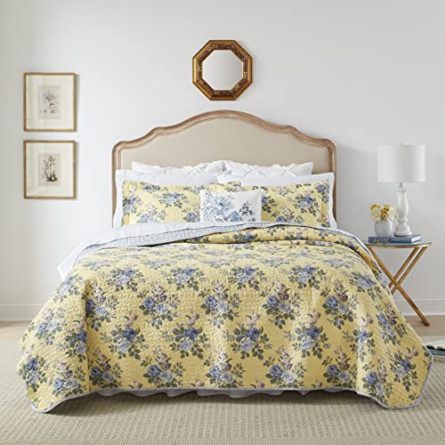 Laura Ashley Home Linley Collection Quilt Set-100% Cotton, Reversible, Lightweight & Breathable Bedding, Pre-Washed for Added Softness, Twin, Pale Yellow