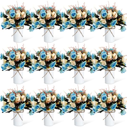 Domensi 12 Sets Wedding Centerpiece for Table Artificial Rose with Vase Fake Bouquets and Metal Pot Flower Arrangements for Bridal Shower Birthday Party Event Table Decor (Teal)