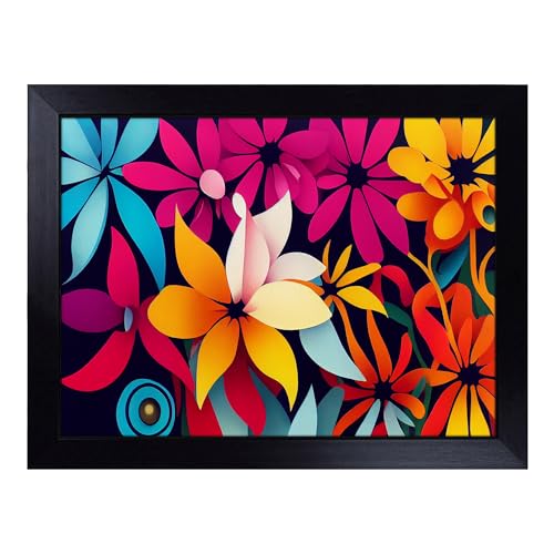 Lap Tray with Bean Bag Cushion, Magnetic Modern Flowers Abstract - Handmade in the UK, Raised Wooden Edge, Padded Cushion, Heat-Resistant Wipe-Clean Surface, for Meals, Laptops and Crafts