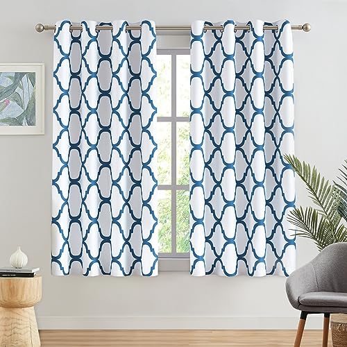 Melodieux Moroccan Printed Room Darkening Blackout Grommet Curtains for Living Room Bedroom, 52 by 63 Inch, Off White/Royal Blue (2 Panels)
