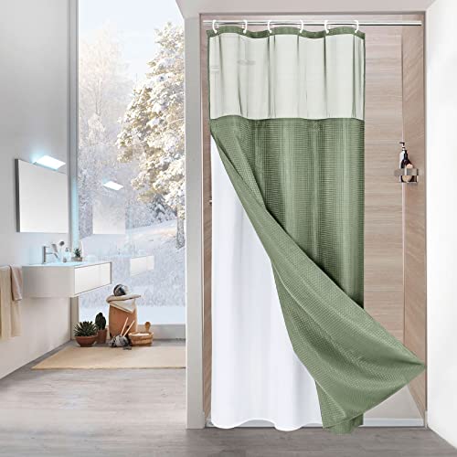 MitoVilla Sage Green Small Stall Shower Curtain 36 x 72, Narrow Half Size Weave Fabric Shower Curtain Set with Water-Repellent Snap-in Liner for Modern Neutral Hotel Bathroom Decor