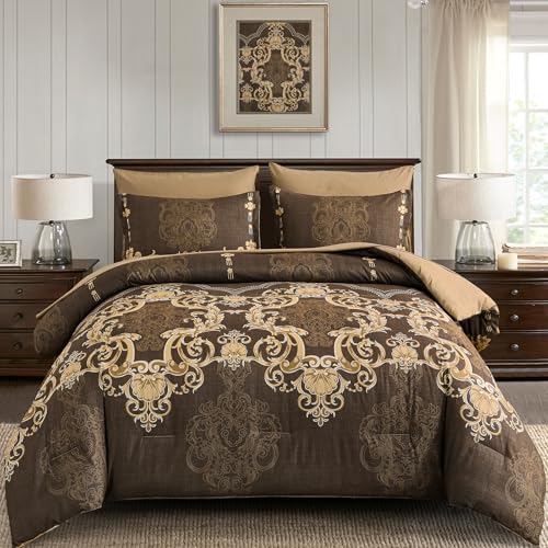 "Mybedsoul Coffee Queen Comforter Set, 7 Pieces Boho Bed in a Bag for Queen Bed, Damask Comforter with Sheets Pillowcases, Soft Microfiber Lightweight Bedding Sets for All Season(90""x90"")"