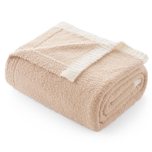 Snuggle Sac Ultra Soft Throw Blanket for Couch Bed Sofa 50x60 inches, Reversible Beige Blanket Microfiber Fluffy Fuzzy Cozy Knit Throws for Women Mothers Birthday Gifts