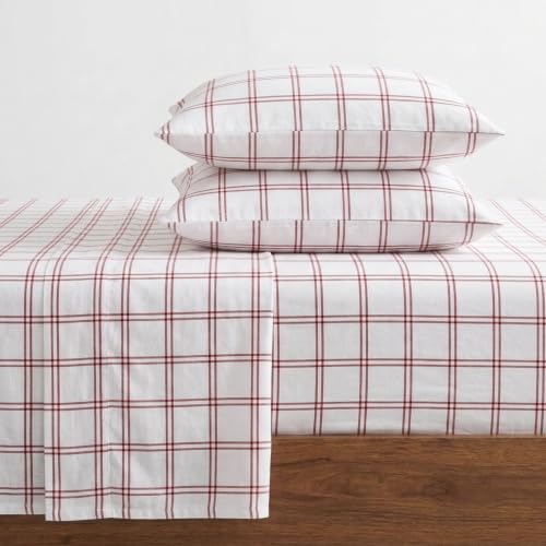 Eddie Bauer- Queen Sheet Set, Cotton Flannel Bedding Set,4 pcs, Brushed for Extra Softness, Cozy Home Décor (Westridge Plaid Orange, Queen)