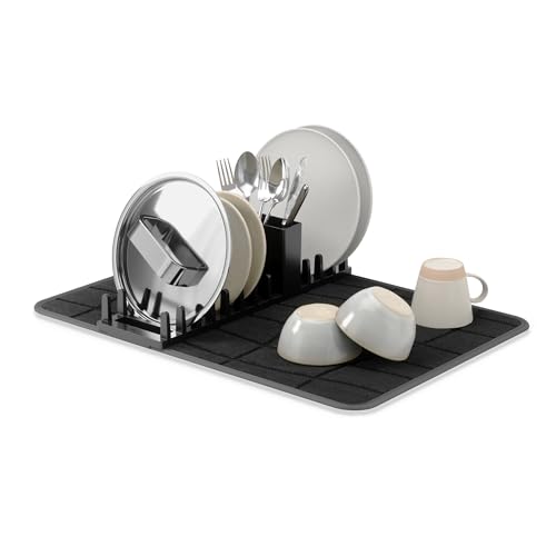 Umbra Udry Dish Drying Rack with Mat, Folds Flat for Storage, Black - Machine washable, protects countertops, utensil holder, compact space saving design