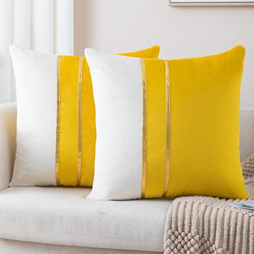 ZLINA Gold Leather Striped Throw Pillow Covers 24??24 Inch.Yellow - 2-Pack,Velvet fabric two tone pillow cover,with gold leather stripe decoration cushion covers,for Sofa Bedroom Home Decor