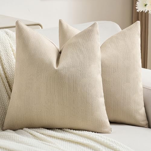 FUTEI Pack of 2 Chenille Decorative Throw Pillow Covers 16x16 Inch,Soft Cozy Striped Geometric Patterns Cushion Case,Modern Home Decor for Couch Bed Living Room,Oatmeal