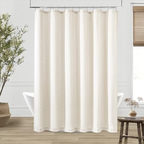 DUKIYO Cute Cream Linen Extra Long 75 Inch Shower Curtain Modern Boho Luxury Cloth Fabric Neutral Shower Curtain 75 Inches Long Water Repellent with Hooks for Bathroom Hotel Bathtub, 72x75