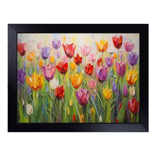 Lap Tray with Bean Bag Cushion, Tulip Flower Palette Knife - Handmade in the UK, Raised Wooden Edge, Padded Cushion, Heat-Resistant Wipe-Clean Surface, for Meals, Laptops and Crafts