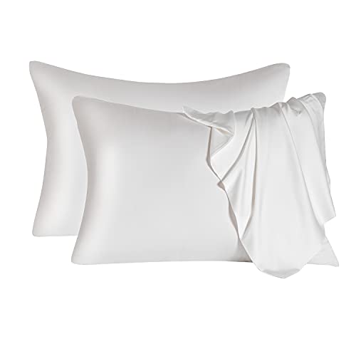 2 Pcs Mulberry Silk Pillowcase for Hair and Skin,Cooling Silk Pillow Case with Hidden Zipper,Allergen Proof Dual Sides Soft Breathable Smooth Silk Pillow Cover for Women(Standard-2PCS,White)