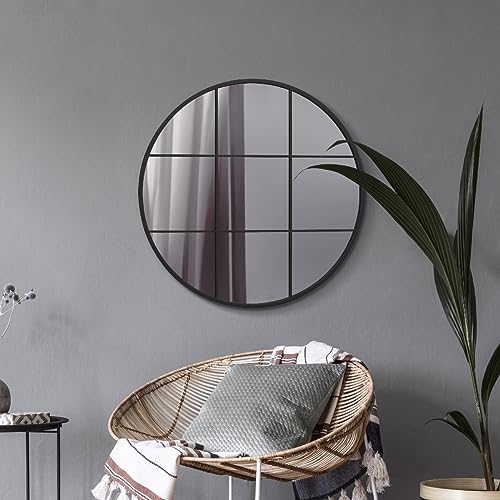 "MirrorOutlet The Circulus - Solid Black Metal Framed Window Modern Round Circular Wall Mirror 31"" X 31"" (80CM X 80CM) Silver Mirror Glass with Black All weather Backing."