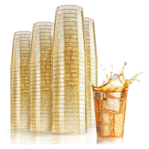KOOSREEL Plastic Cups, 50 Pack 285ml/10oz Plastic Party Cups with Gold Glitter Reusable Plastic Glasses, Tumblers, Gold Cups for Drinks, Cocktail, Dessert, Wedding, Parties,Christmas