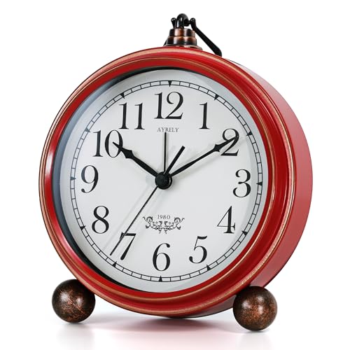 AYRELY Small Battery Operated Antique Retro Analog Alarm Clock for Room Decor, Silent Elegant Bedside Desk Table Gift Clock (Red-White)
