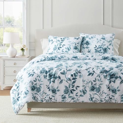 Martha Stewart - Queen Duvet Cover Set, Textured Cotton Jacquard with Refined Softness & Medium Weight Feel, 3 Piece Bed Set with Matching Pillowcases (Vivian Floral Blue)